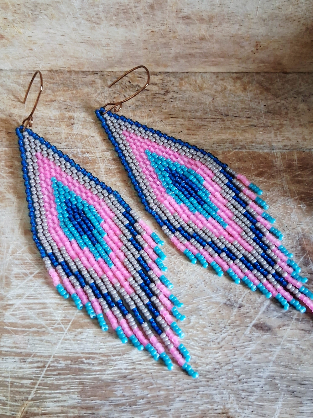 Boho Pink & Blue Seed Bead Fringe Earrings, 5.5" - Picture 2 of 8